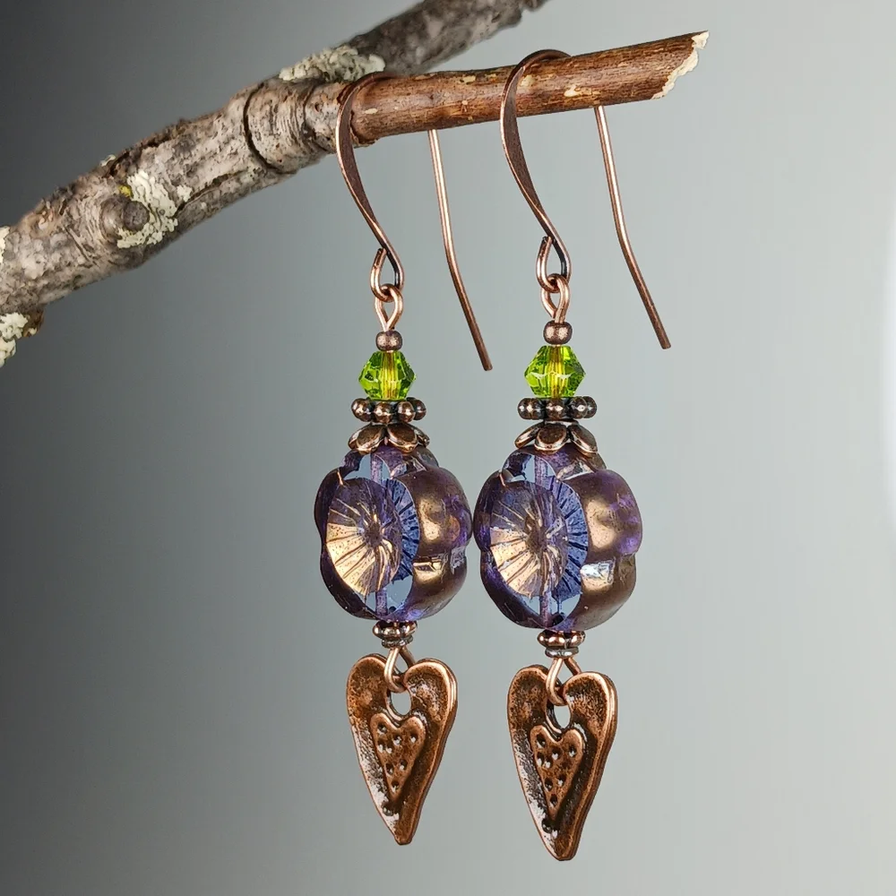 HAND CRAFTED EARRINGS Purple Czech Glass Flower Copper Heart Dangle Drop - Picture 2 of 7